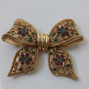 Vintage Puffy Bow Brooch with Purple and Green Gems Victorian Circa 1980s